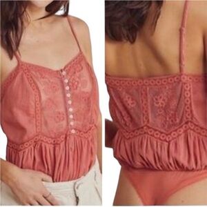 Free People! Intimately Still The One Lace Sheer Floral Bodysuit in Coral Salmon